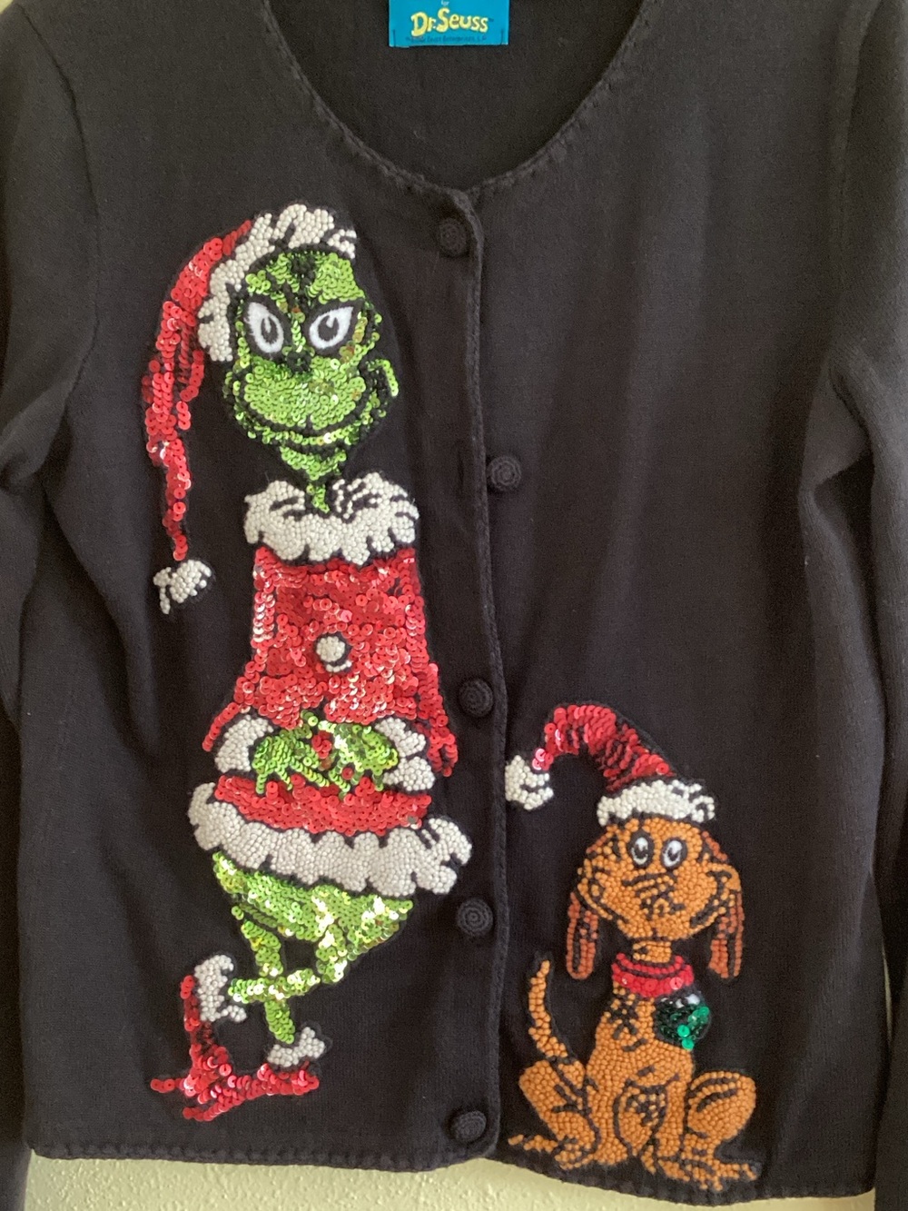 Michael Simon Women Sequin Grinch & Dog Holiday Cardigan - Black - Picture 2 of 6